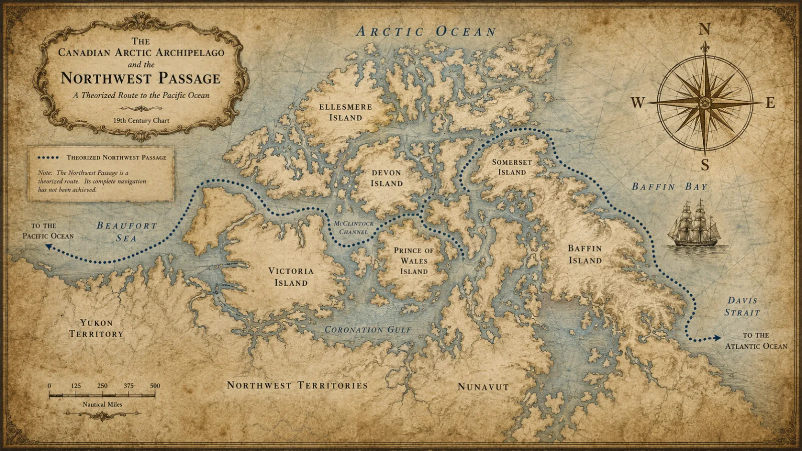 Antique-style map of the Canadian Arctic archipelago showing the theorized route of the Northwest Passage