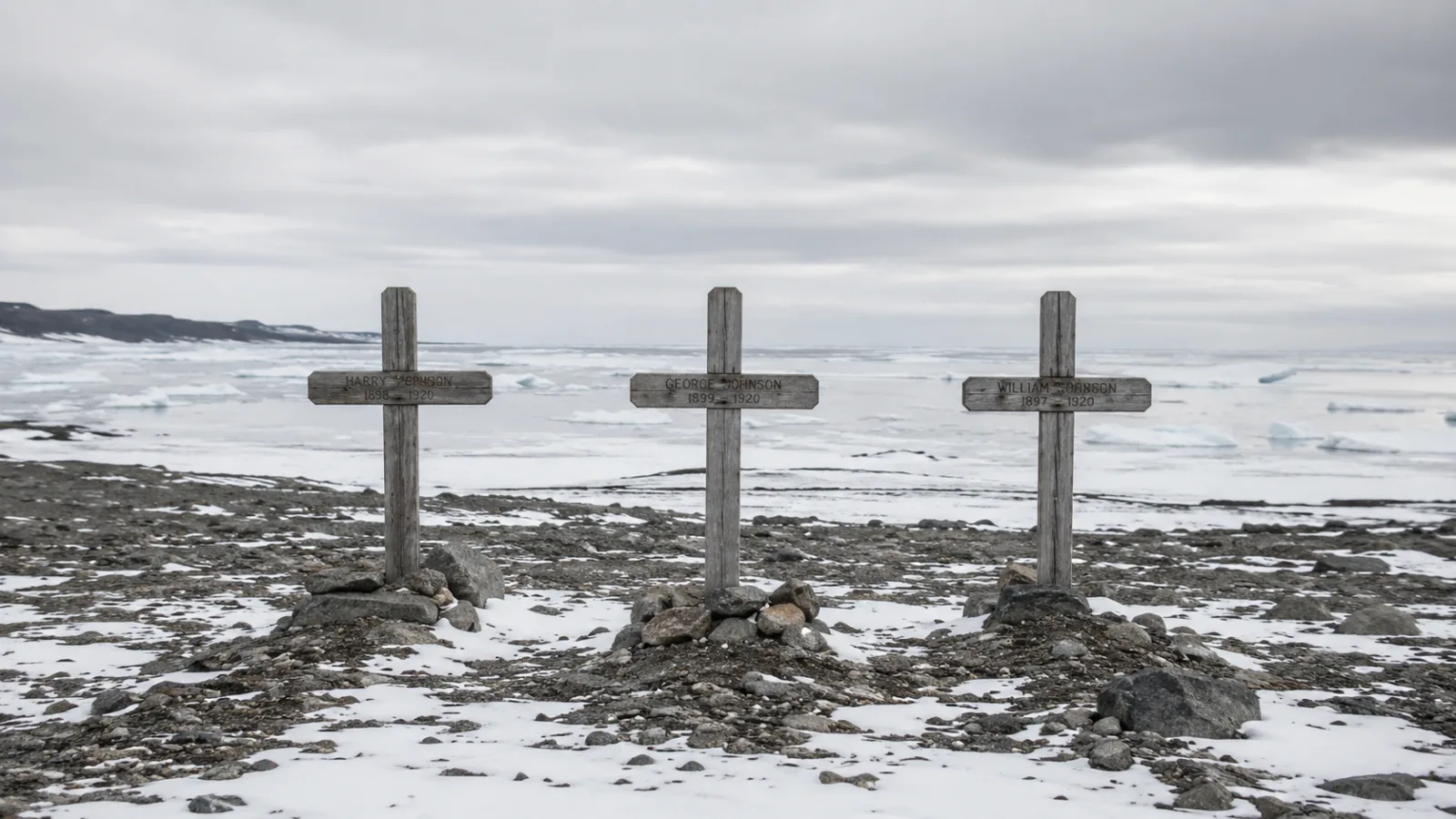 Three simple wooden grave markers standing on a barren gravel and snow-covered Arctic shoreline