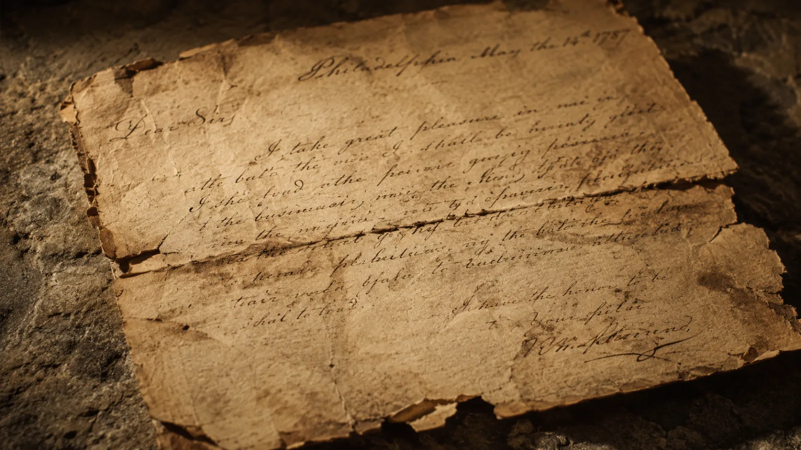 Close-up of an aged, weathered paper document with faded handwritten ink text