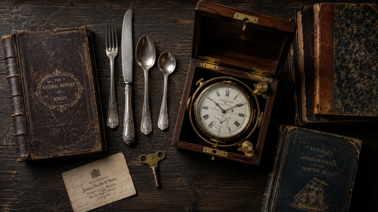 Flat-lay of period objects including silver cutlery, a brass chronometer, and old leather-bound books
