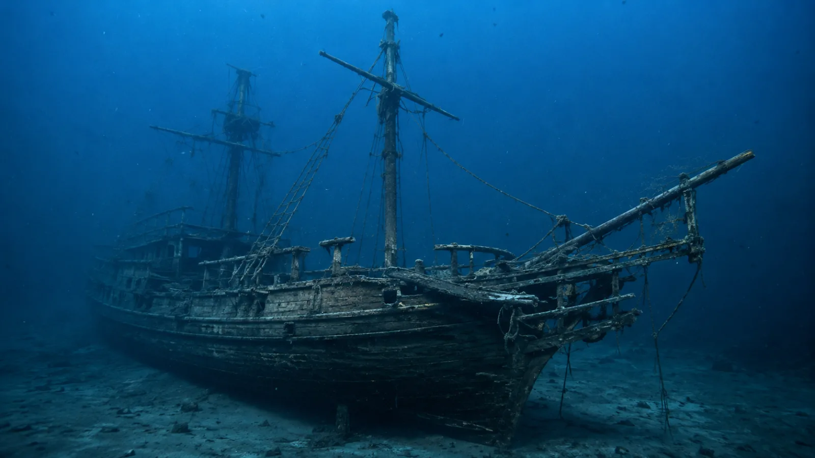 A well-preserved wooden shipwreck resting upright on the dark seafloor, masts partially intact