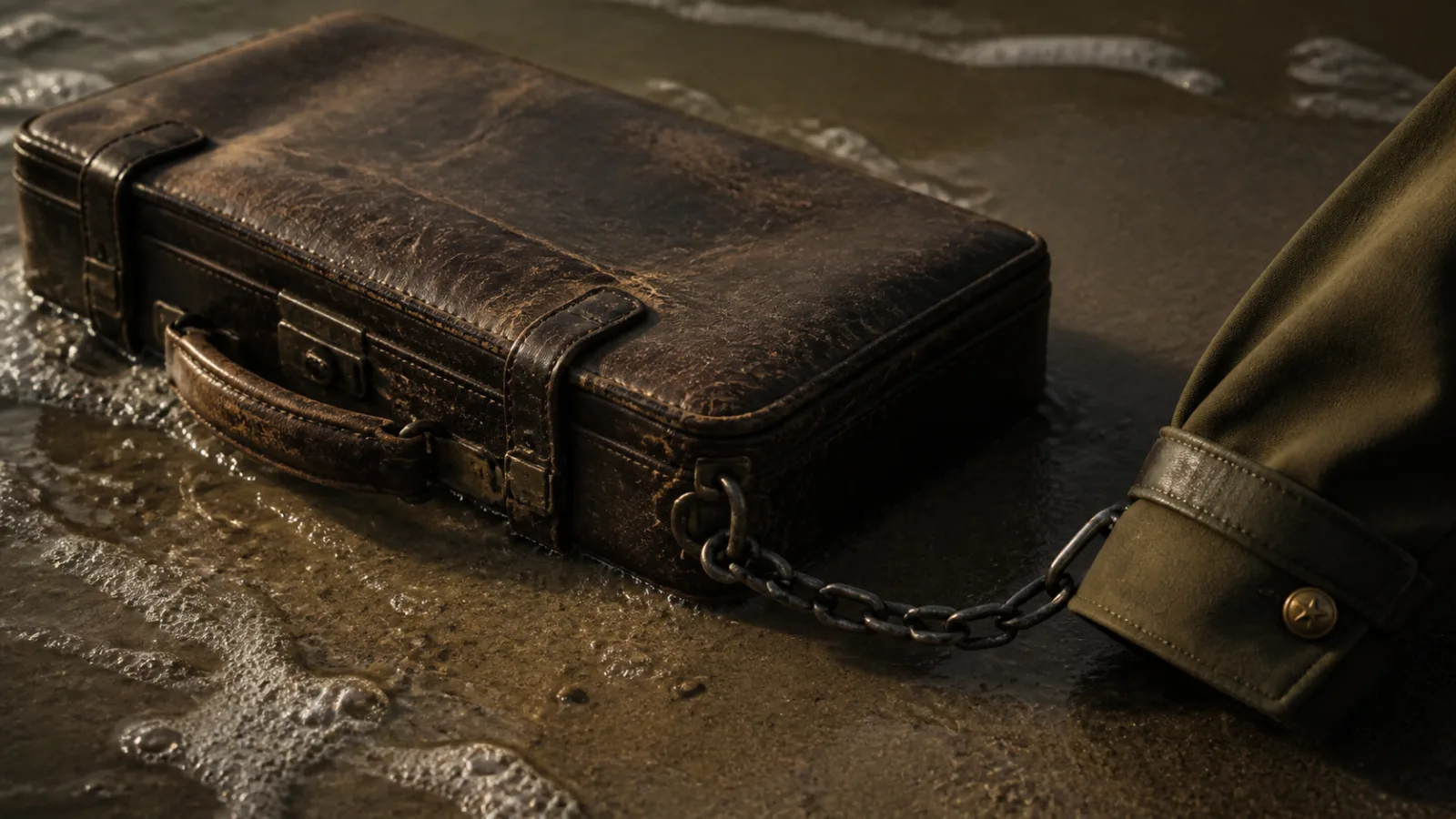 A weathered leather briefcase chained to a wrist resting on wet sand at the tideline