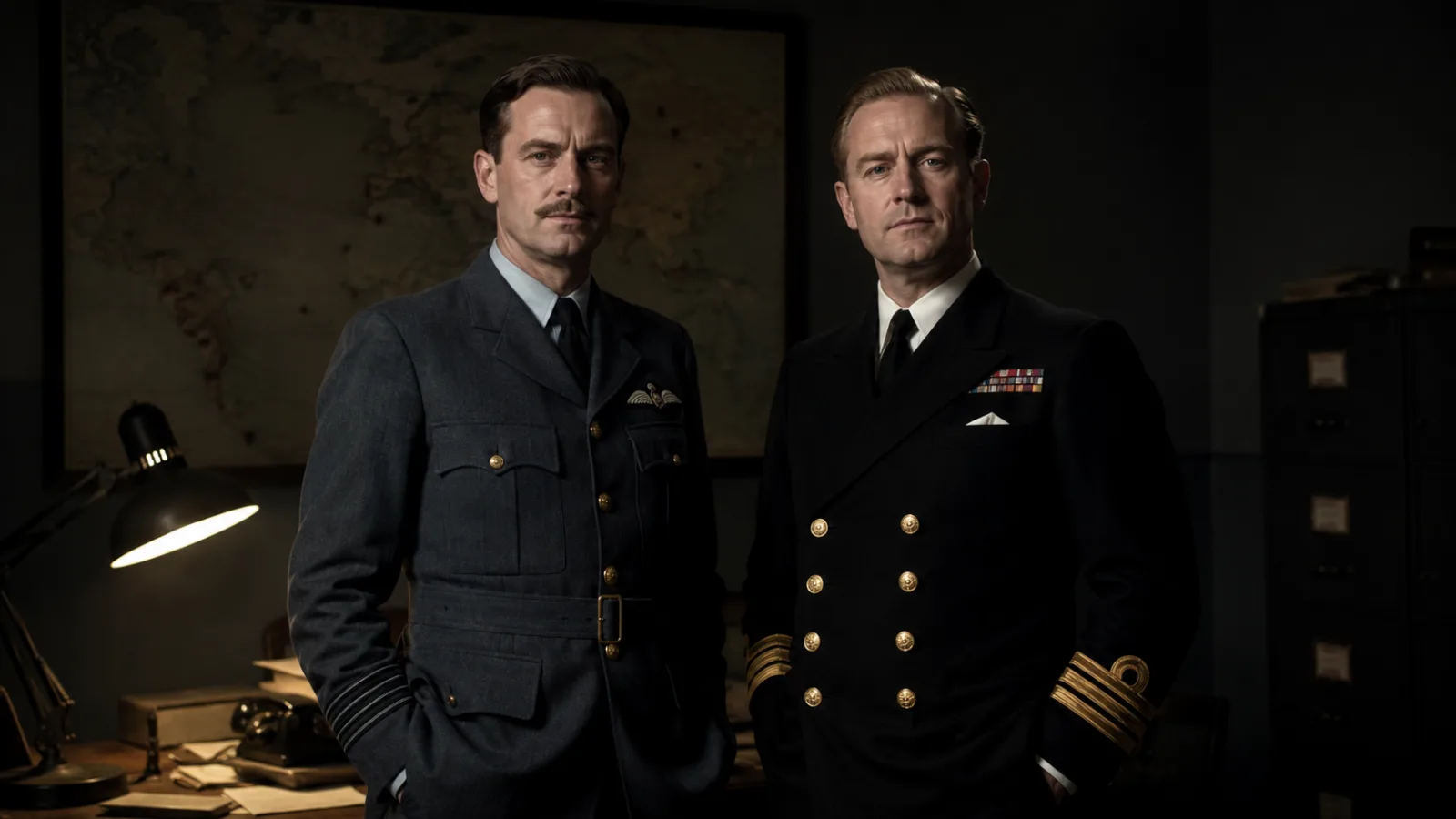Two 1940s British intelligence officers, one in RAF uniform and one in naval uniform, standing together in a dim office