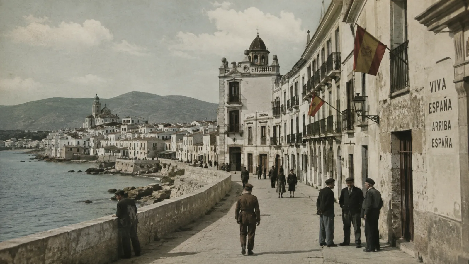 A quiet 1940s Spanish coastal town with period architecture and flags along empty streets