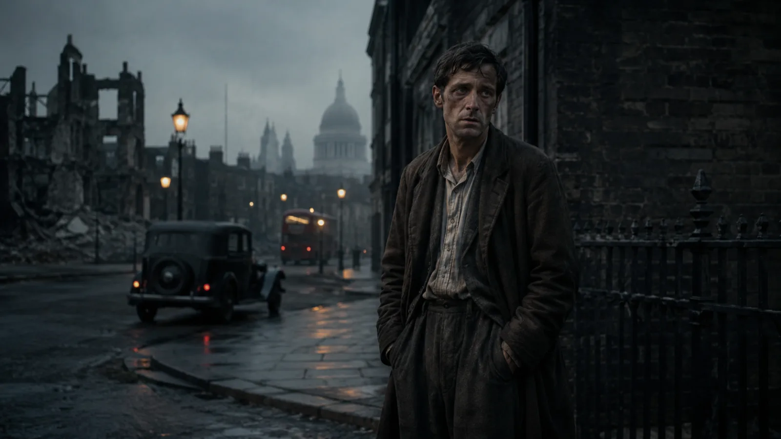 A thin man in worn 1940s clothing standing on a dim London street corner at dusk