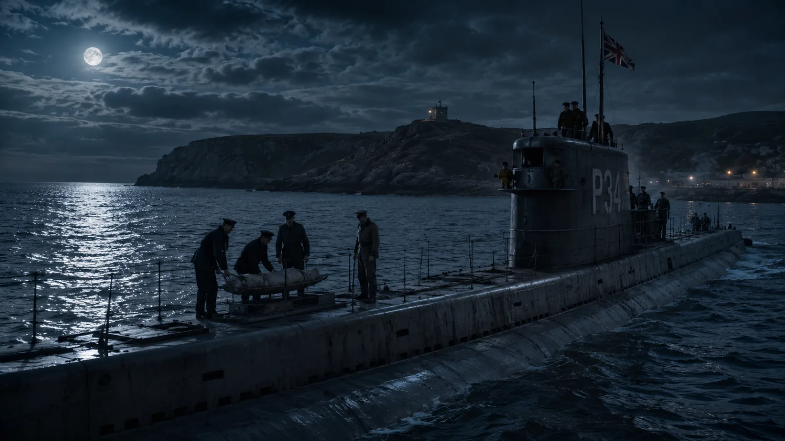 A 1940s military submarine surfaced at night off a rocky coastline with sailors on deck