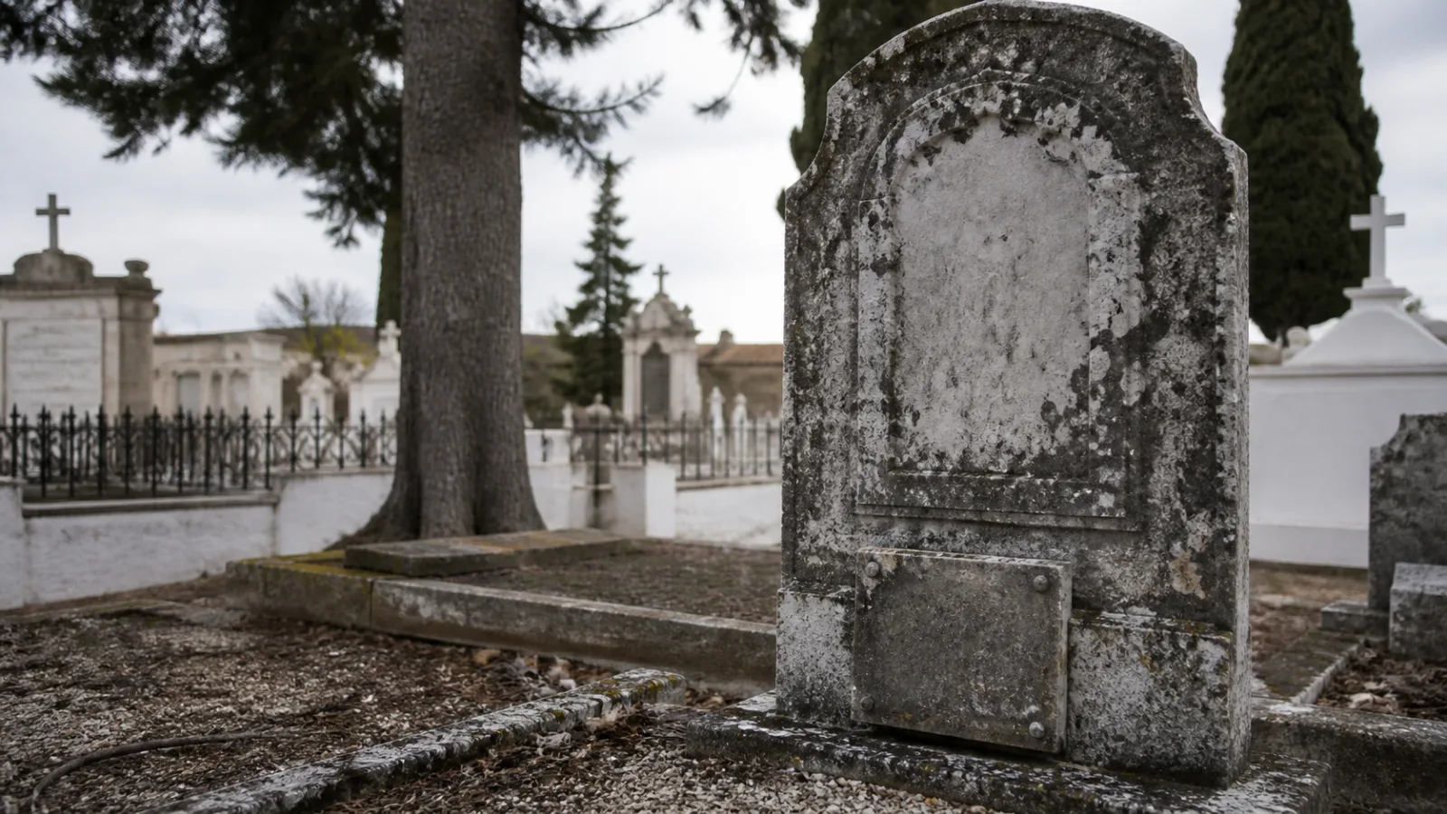 A weathered gravestone with a small plaque beneath the main inscription in a quiet Huelva cemetery