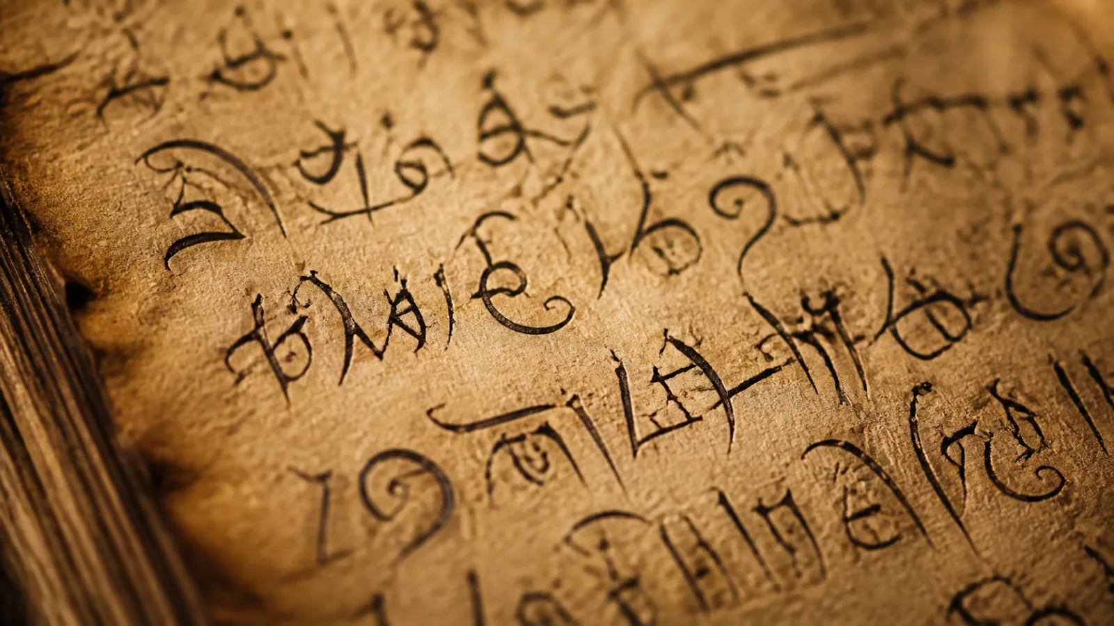 Macro close-up of aged parchment covered in flowing handwritten script in an unknown alphabet