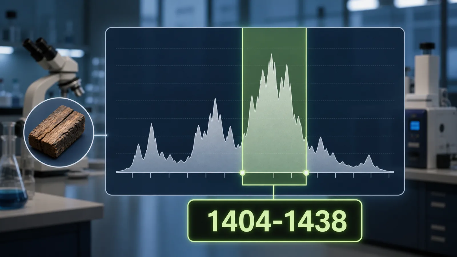 Infographic showing a carbon-dating results chart highlighting the range 1404 to 1438