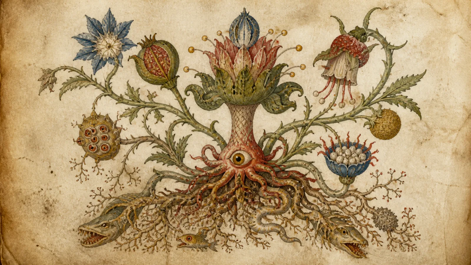 Medieval manuscript style illustration of an impossible composite plant with unnatural roots and flowers