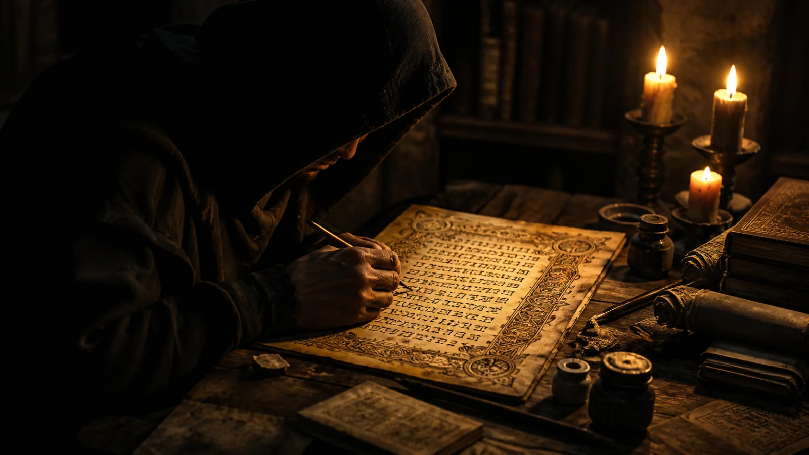 Illustrative reenactment of a shadowy figure forging an ornate manuscript page by candlelight