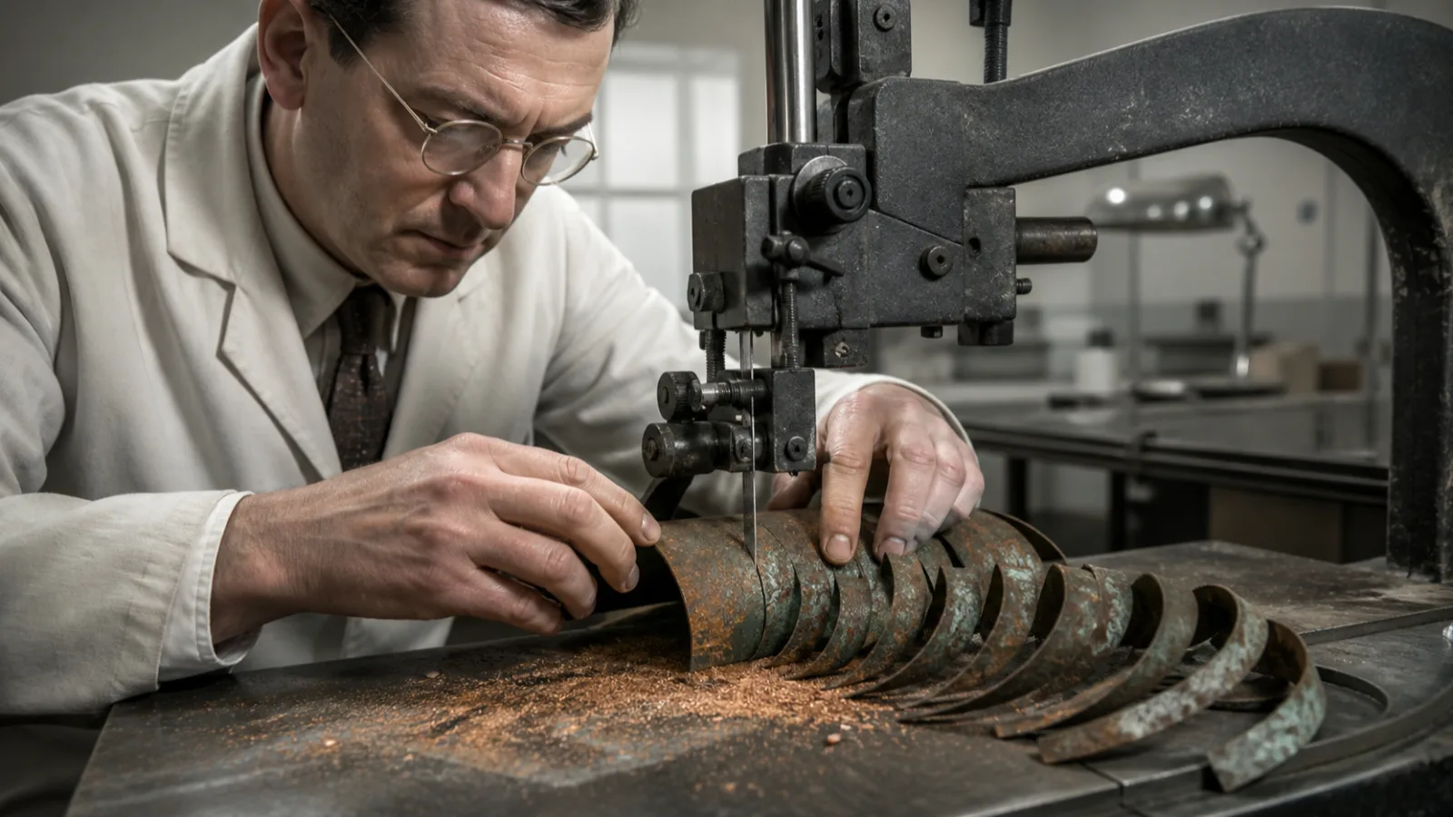 Reenactment of a 1950s lab technician cutting a corroded copper scroll into narrow strips