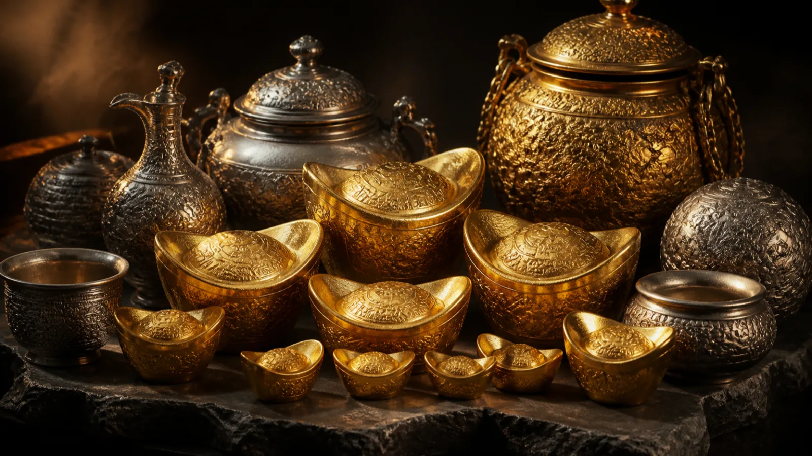 Ancient gold ingots and silver vessels arranged on a dark stone surface