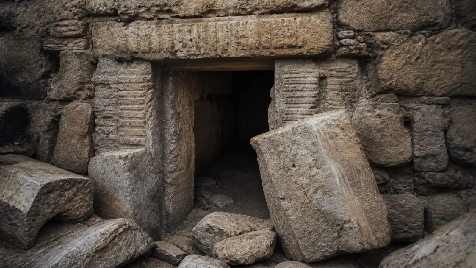 Disturbed ancient tomb entrance with displaced stones suggesting earlier excavation