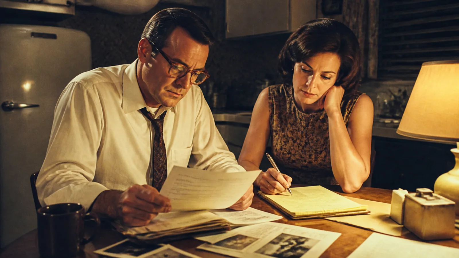 A couple sits at a kitchen table late at night surrounded by papers, working to decode a cipher
