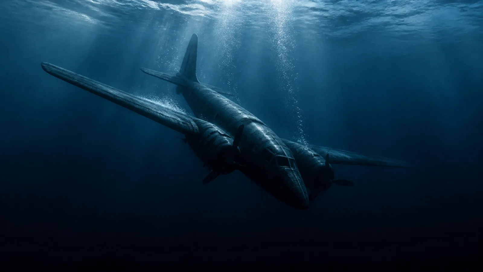 Illustrative depiction of a small twin-engine aircraft silhouette sinking into dark ocean water